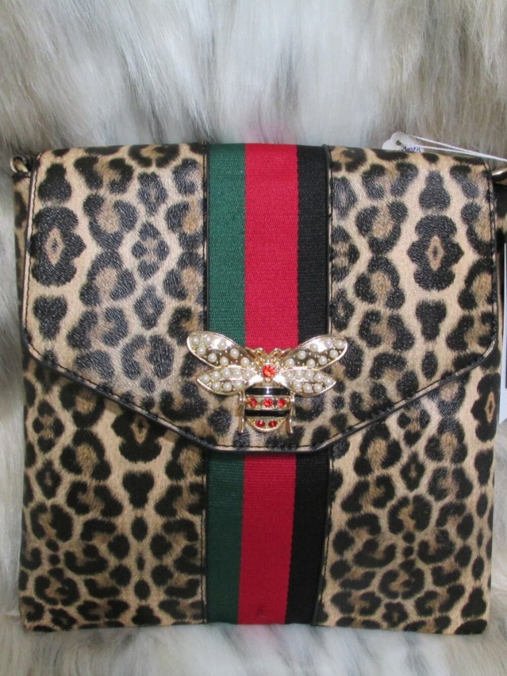 P2658-NewHandbag Express Soulfina Rhinestone/Pearl Bee Stripe Leopard Crossbody